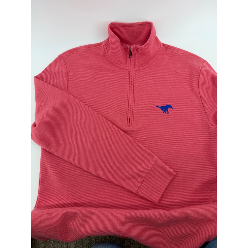 Vineyard Vines Mens SMU Mustang Horse Logo 1/4 Zip Ribbed Pullover Sweater
